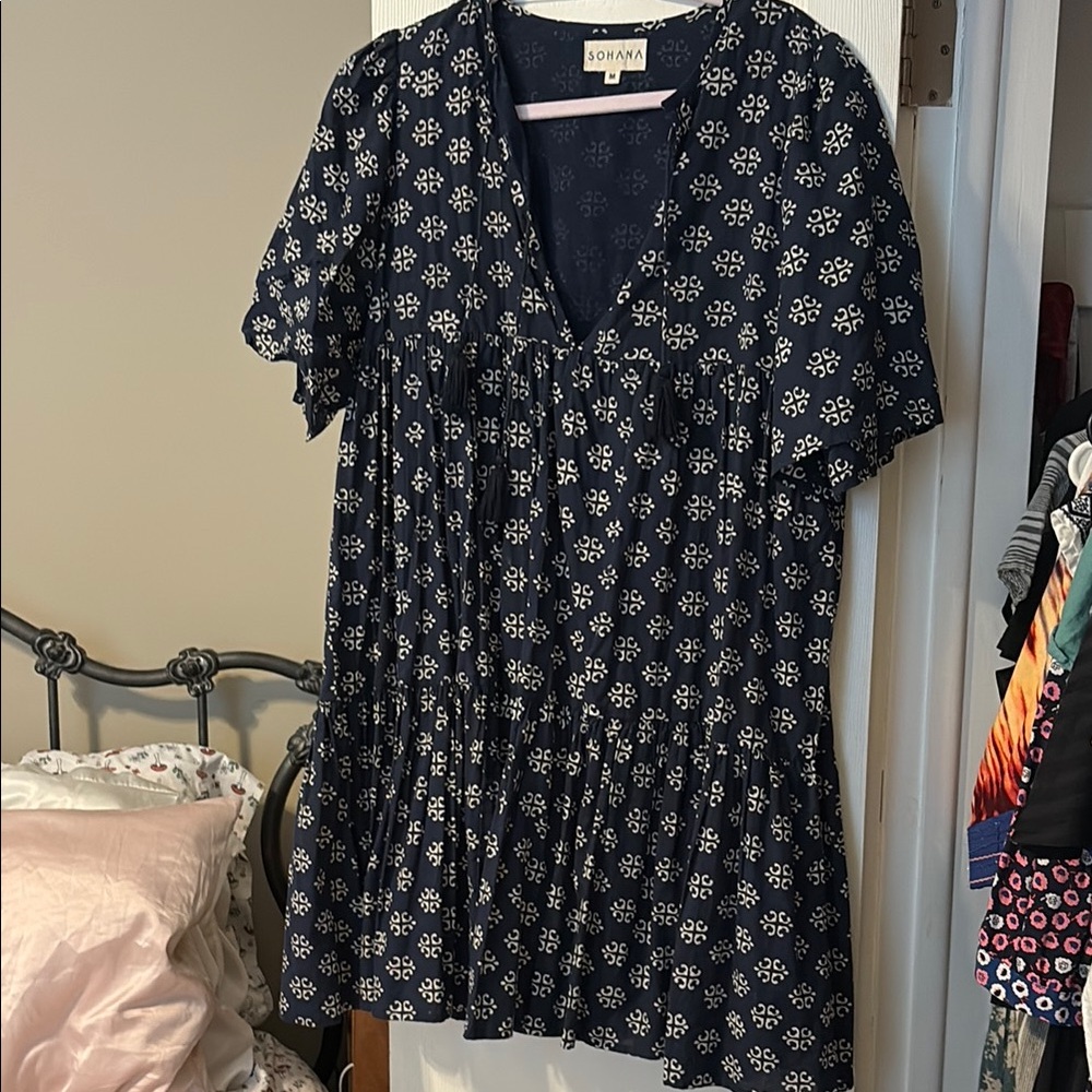 Blue and White Flutter Sleeve V-Neck Mini Sundress